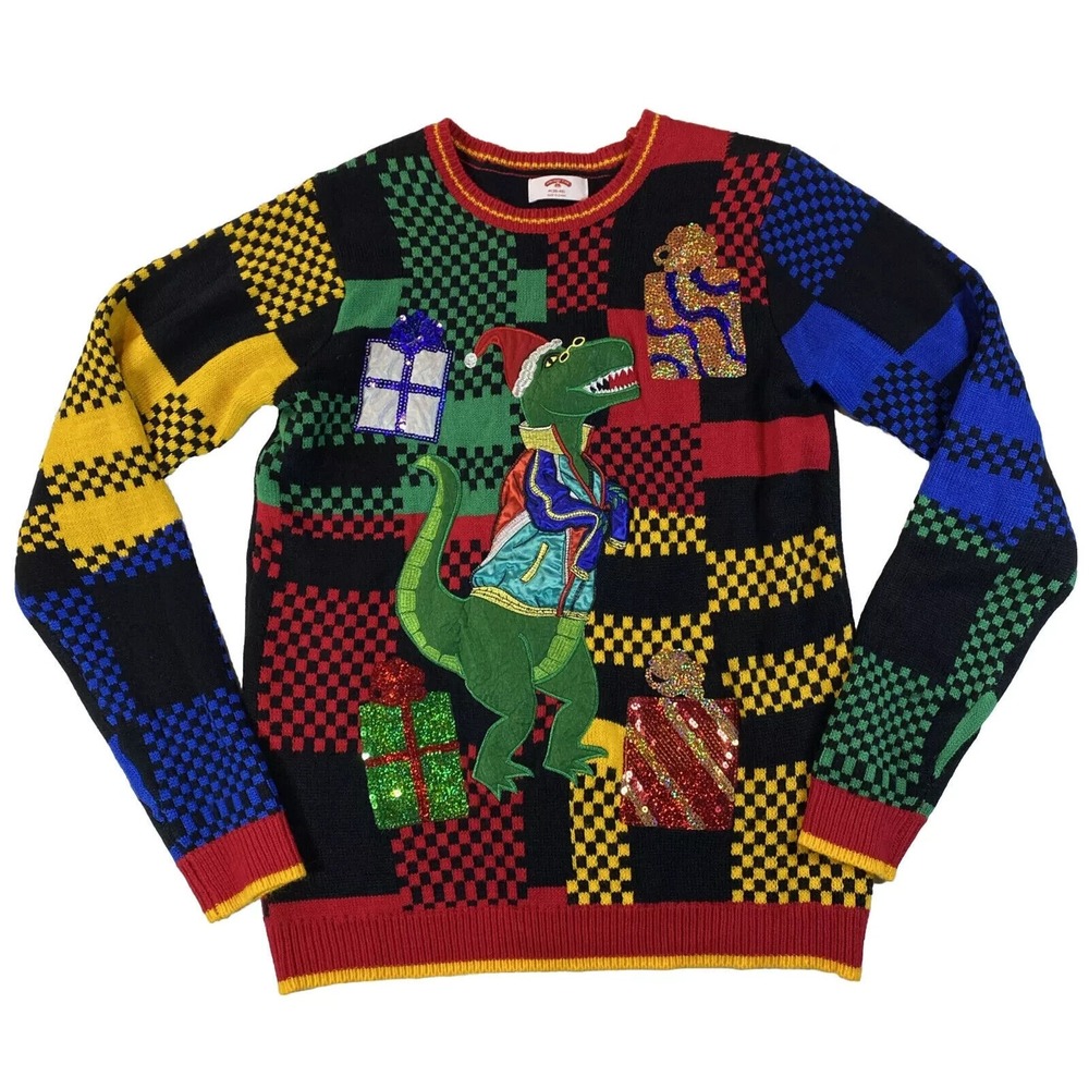 HOLIDAY TIME Ugly Xmas Sweater Mens S Small EMBROIDERED DINOSAUR CHRISTMAS